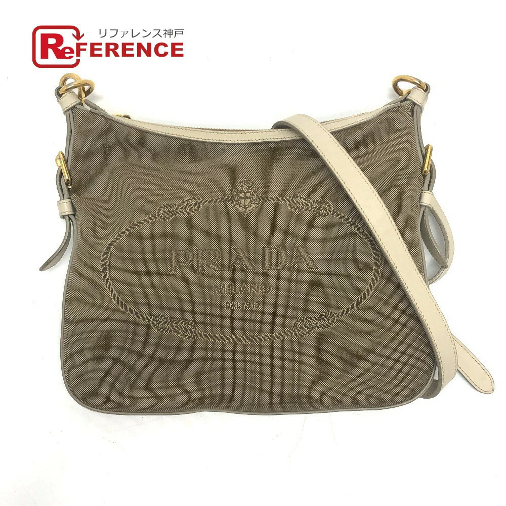 PRADA Logo Jacquard Shoulder Bag Canvas Leather Beige